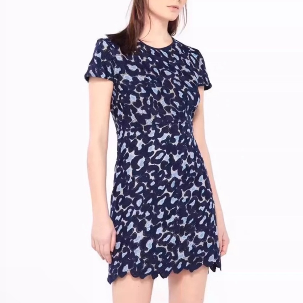NWT! SANDRO Leo Marine Blue Embroidered Lace Jacquard Cap Sleeve Mini Dress